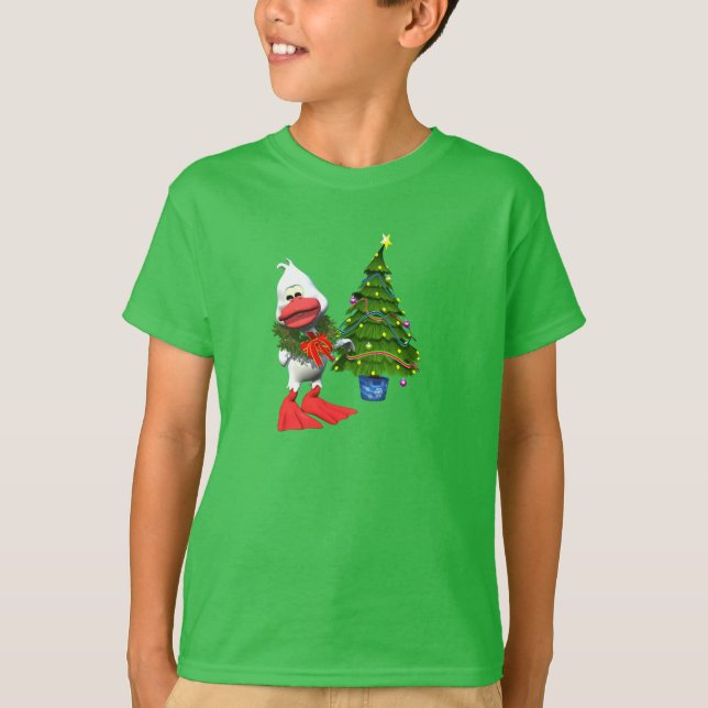 Cute White Christmas Duck Wearing a Wreath T-Shirt (Front)