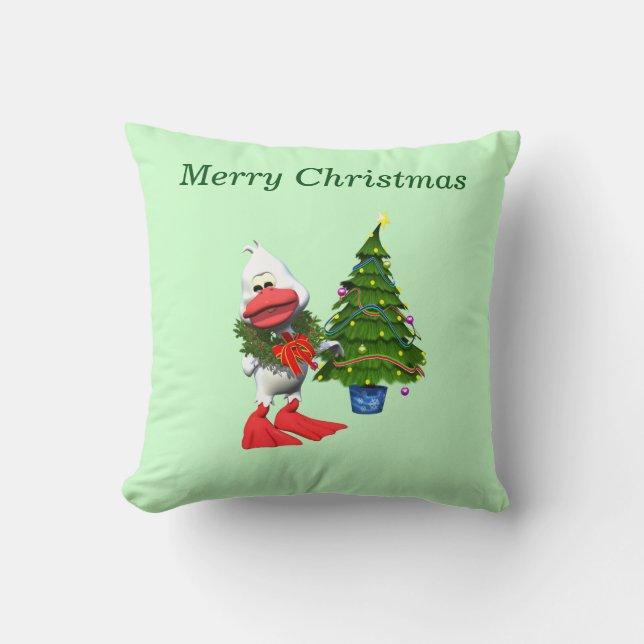 Cute White Christmas Duck Wearing a Wreath Throw Pillow (Front)