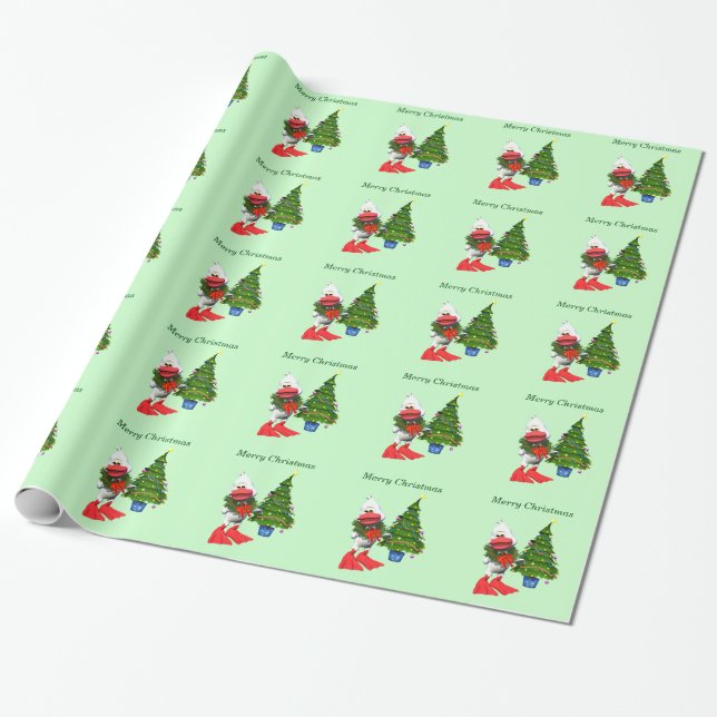Cute White Christmas Duck Wearing a Wreath Wrapping Paper (Unrolled)
