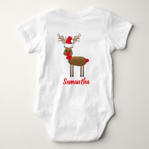 Cute White Christmas Red Nose Reindeer Santas Hat Baby Bodysuit