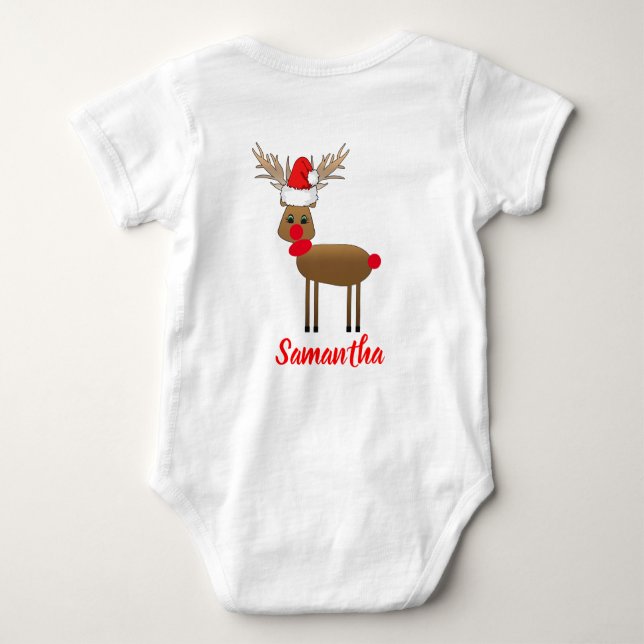 Cute White Christmas Red Nose Reindeer Santa's Hat Baby Bodysuit (Back)