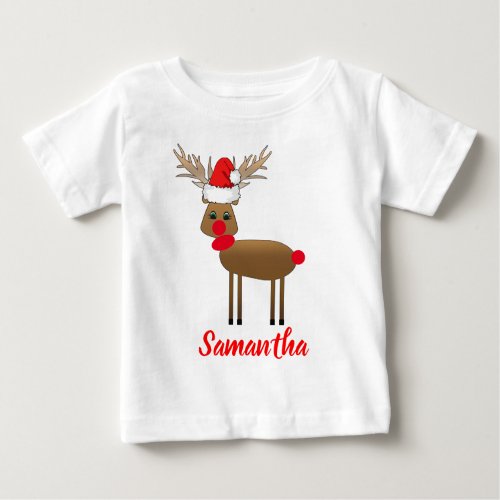 Cute White Christmas Red Nose Reindeer Santas Hat Baby T_Shirt