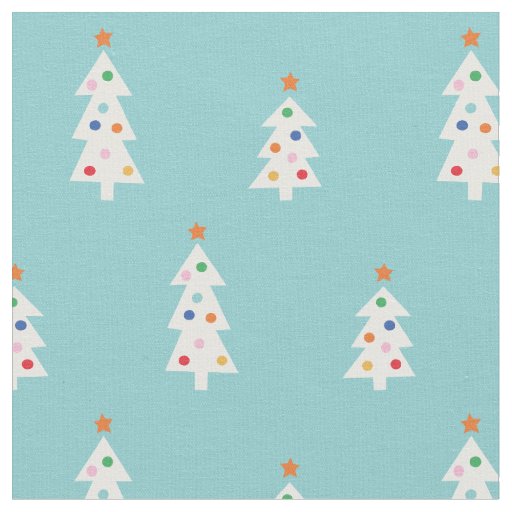 Cute White Christmas Trees on light Blue Fabric