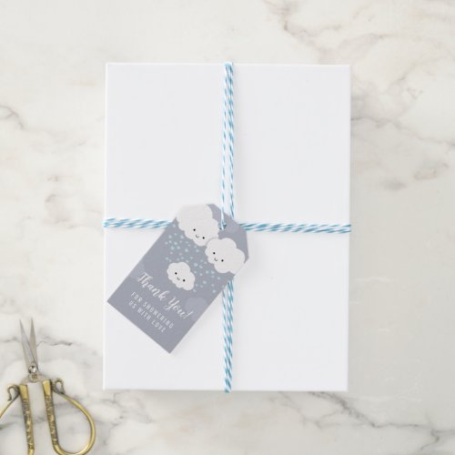 Cute White Cloud Boy Blue Hearts Grey Baby Shower Gift Tags