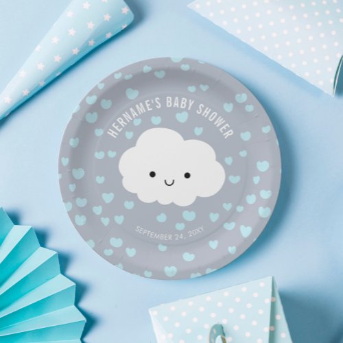 Cute White Cloud Boy Blue Hearts Grey Baby Shower Paper Plates