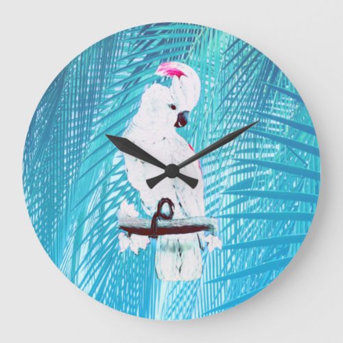 Cute White Cockatoo Tropical Greenery Palm Leaves Large Clock