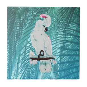 Cute white cockatoo tropical palm leaves ceramic tile