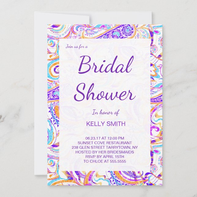 Cute white colorful paisley design bridal shower invitation (Front)