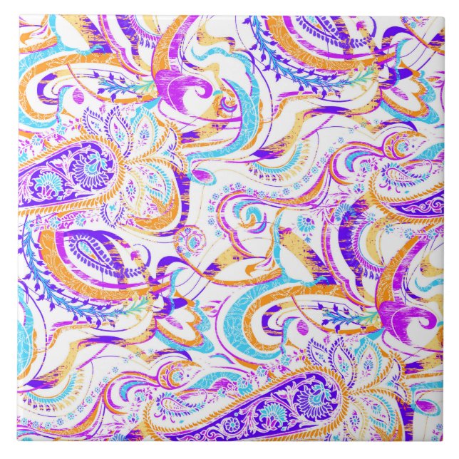 Cute white colorful paisley design ceramic tile (Front)