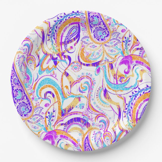 Cute white colorful paisley design paper plates (Front)
