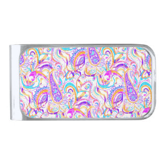 Cute white colorful paisley design silver finish money clip