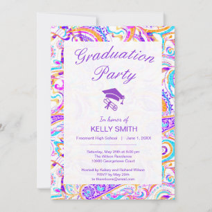 Cute white colorful paisley graduation party invitation