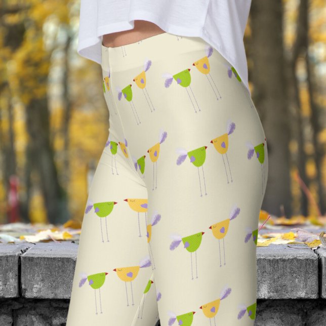 Cute White Cornsilk Two Little Birds Pattern Leggings (Two Little Birds on Cornsilk)