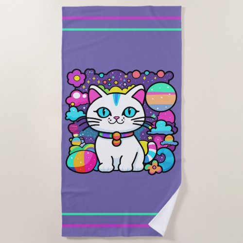 Cute White Cosmic Space Kitty Cat Beach Towel