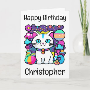 Cute White Cosmic Space Kitty Cat Birthday Card