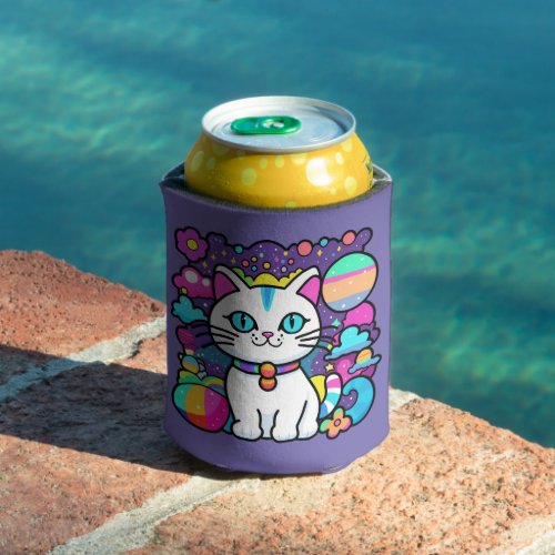 Cute White Cosmic Space Kitty Cat Can Cooler