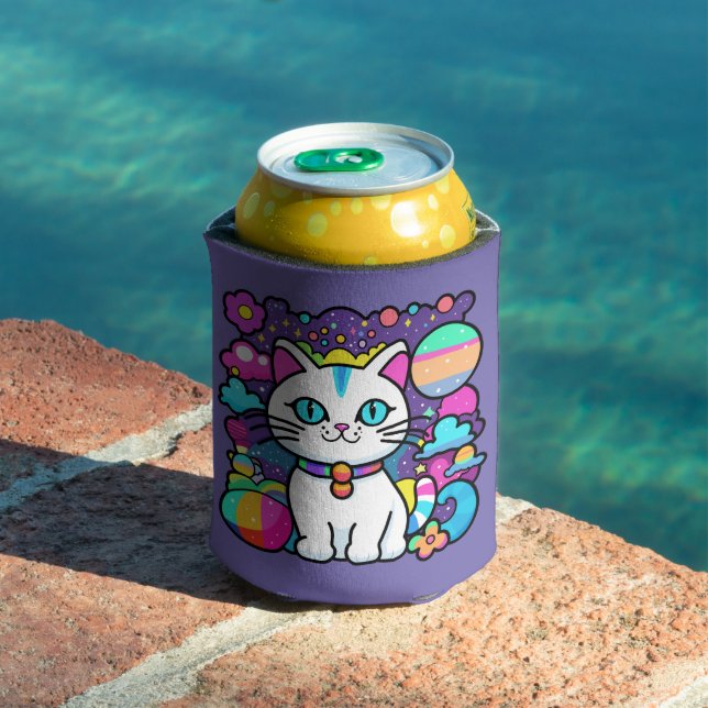 Cute White Cosmic Space Kitty Cat Can Cooler (In Situ Pool)