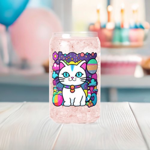 Cute White Cosmic Space Kitty Cat Can Glass