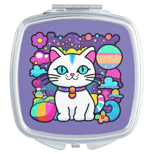 Cute White Cosmic Space Kitty Cat Compact Mirror