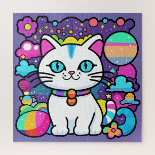 Cute White Cosmic Space Kitty Cat Jigsaw Puzzle