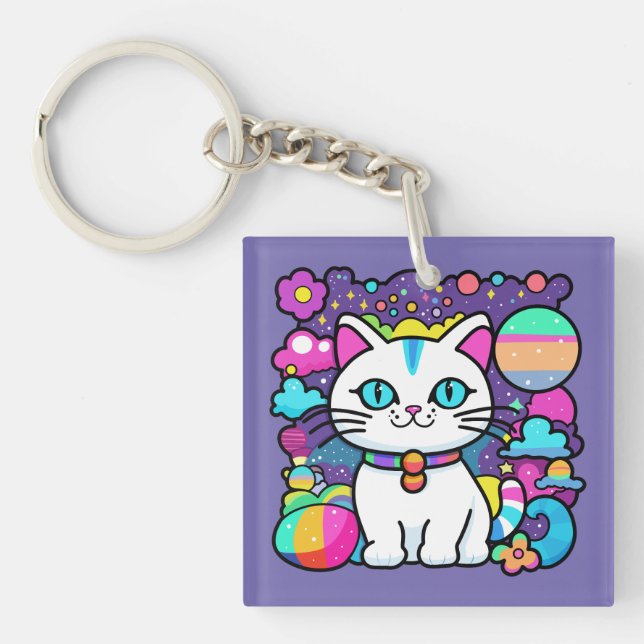 Cute White Cosmic Space Kitty Cat Keychain (Front)