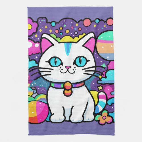 Cute White Cosmic Space Kitty Cat Kitchen Towel