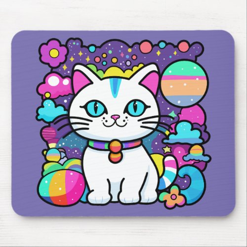 Cute White Cosmic Space Kitty Cat Mouse Pad