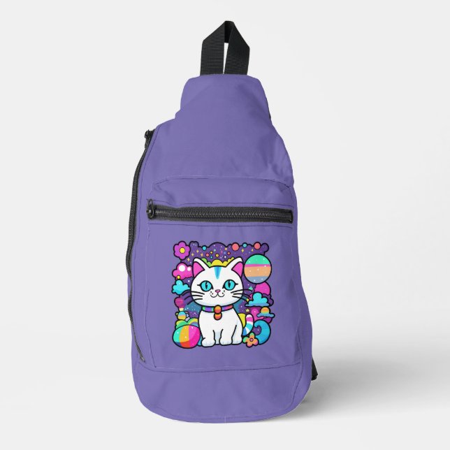 Cute White Cosmic Space Kitty Cat Sling Bag (Front)