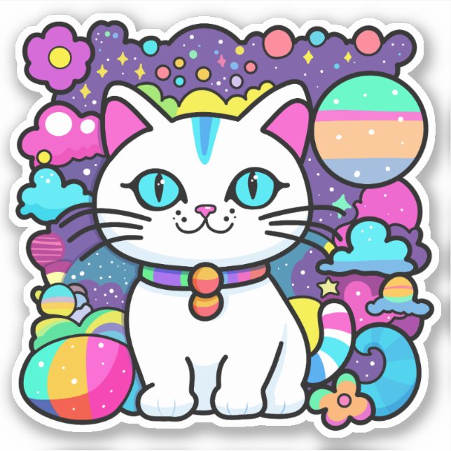 Cute White Cosmic Space kitty Cat Sticker (Front)