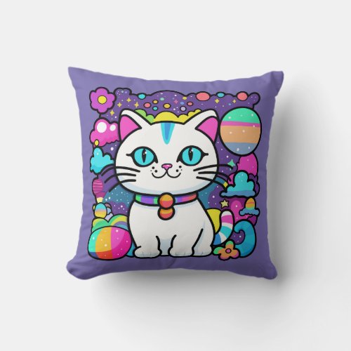 Cute White Cosmic Space Kitty Cat Throw Pillow