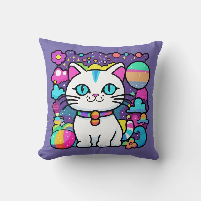 Cute White Cosmic Space Kitty Cat Throw Pillow (Front)