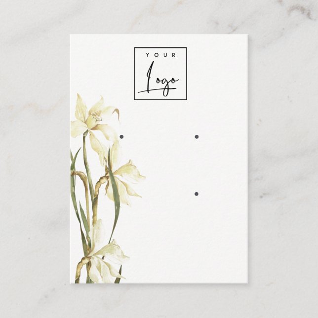 Cute White Daffodil Floral 2 Logo Earring Display Business Card (Front)