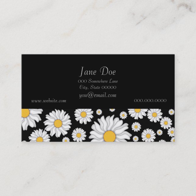 Cute White Daisies on Black Background Business Card (Front)