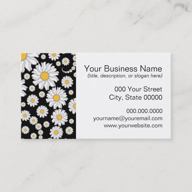 Cute White Daisies on Black Background Business Card (Front)