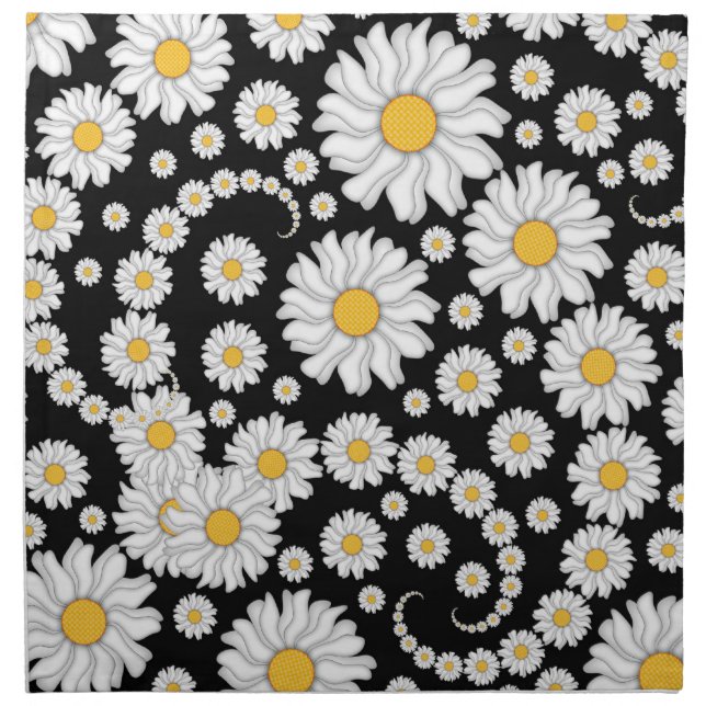 Cute White Daisies on Black Background Cloth Napkin (Front)