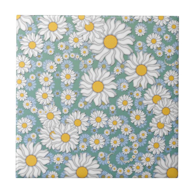 Cute White Daisies on Dusty Teal Blue Green Ceramic Tile (Front)