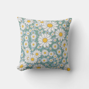 Cute White Daisies on Dusty Teal Blue Green Throw Pillow