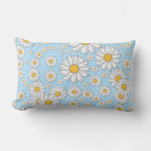 Cute White Daisies on Sweet Baby Blue Lumbar Pillow