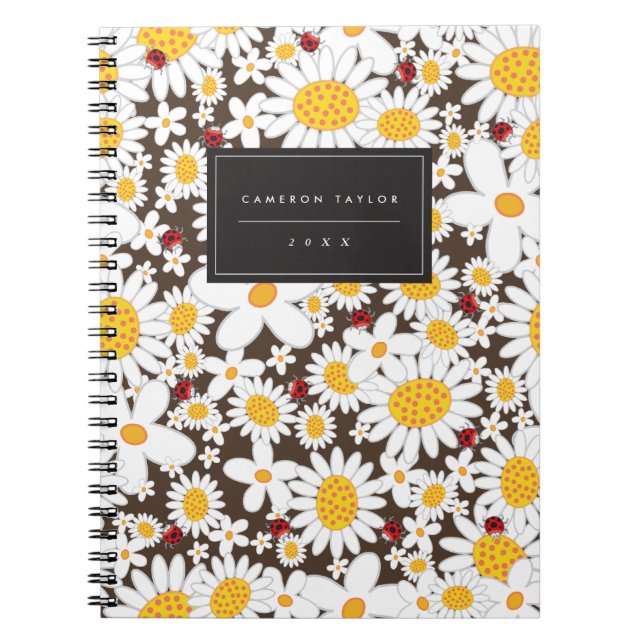 Cute White Daisies Summer Flowers And Red Ladybugs Notebook (Front)