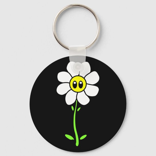 Cute White Daisy Flower Face Daisies Comic Cartoon Keychain (Front)