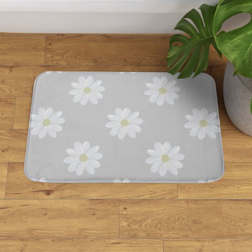 Cute White Daisy Flower Pattern Grey Bath Mat