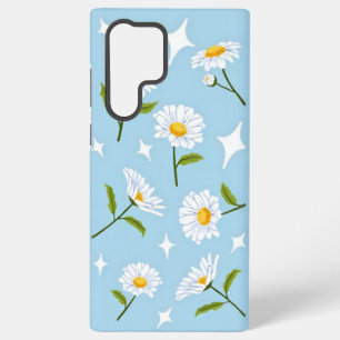Cute White Daisy Flower Sparkles Baby Blue Samsung Galaxy S22 Ultra Case