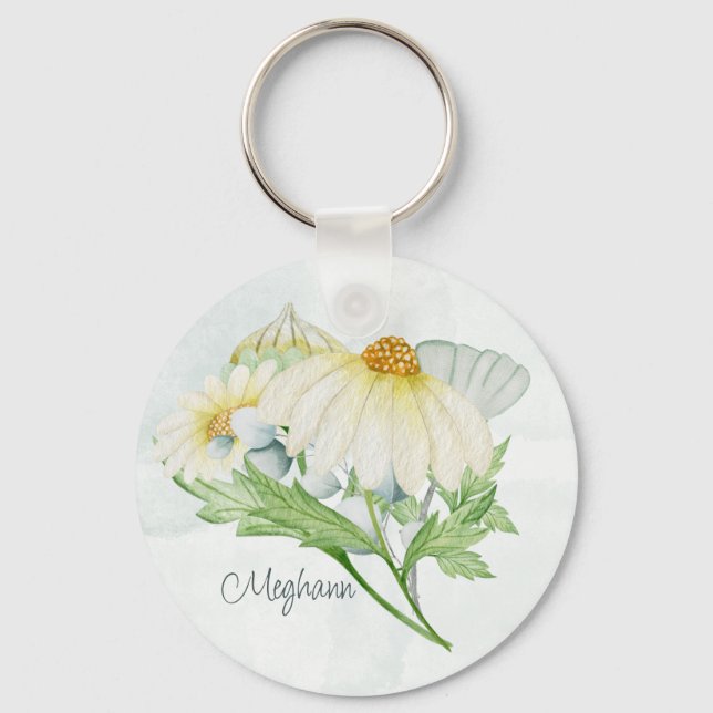 Cute White Daisy Monogram Watercolor Keychain (Front)