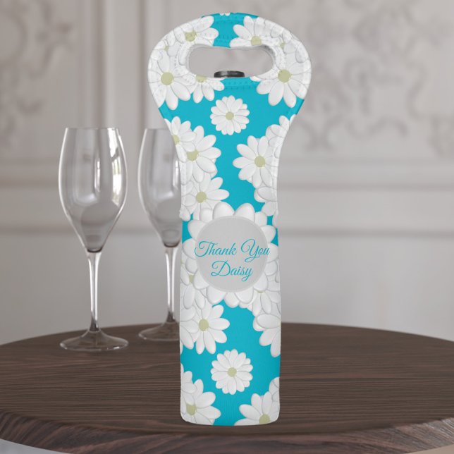 Cute White Daisy Thank You Wine Bag (A pretty springtime aqua blue wine bag with a daisy pattern with space for your thank you and name)