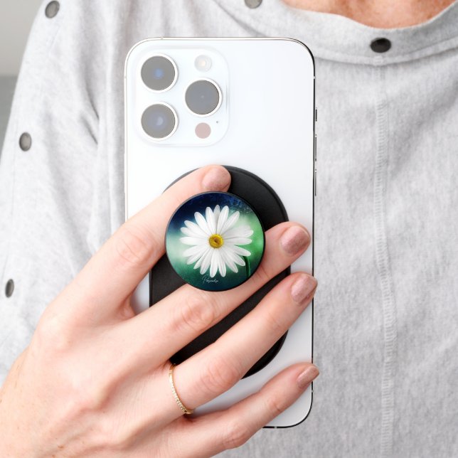 Cute White Daisy Wildflower Green Blue Pretty PopSocket (Hand)