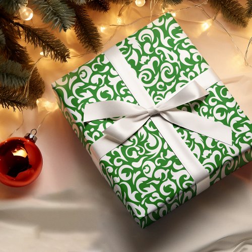 Cute White Dark Green Damask Floral Pattern Wrapping Paper