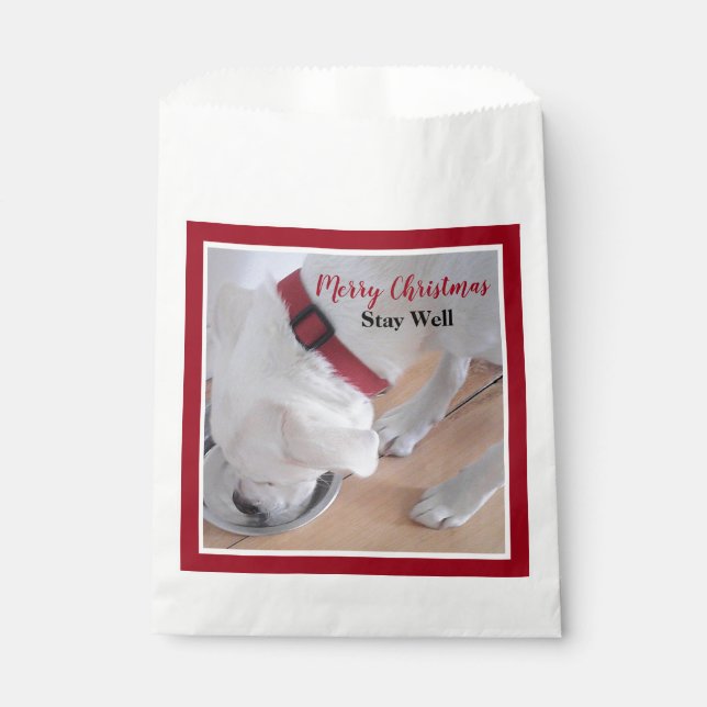 Cute White Dog Drinking Water Red Christmas Favor Bag (Front)