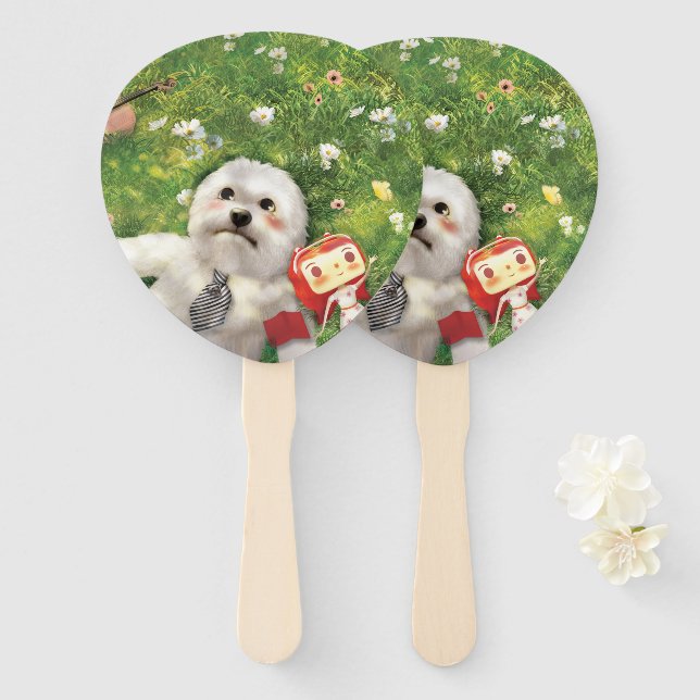 Cute White Dog Hand Fan | Our Times (Front and Back)