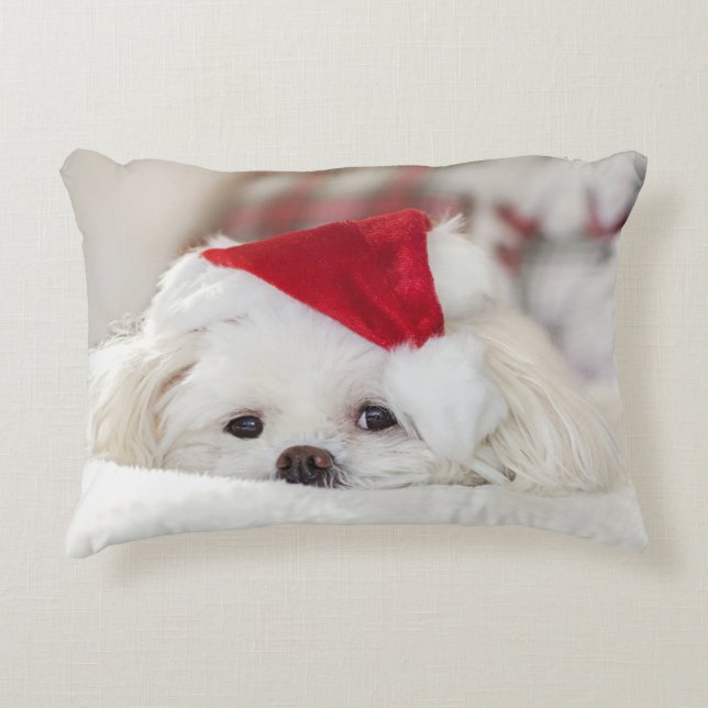Cute White Dog in a Red Christmas Hat Accent Pillow (Front)