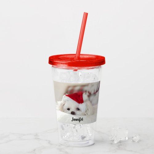 Cute White Dog in a Red Christmas Hat Acrylic Tumbler